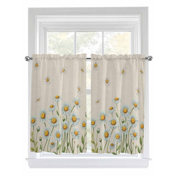 Spring Daisy Bathroom Window Curtain, Farmhouse Vintage Botanical Blossom Florals Light Filtering Coffee Kitchen Curtains, Bedroom Living Room Curtains 2 Panel 84"x45"