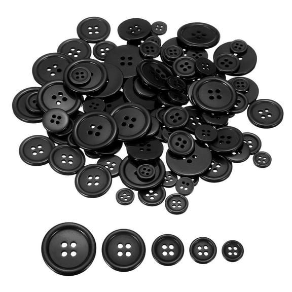 Uxcell 100 Pcs Black Resin Button, Round 4 Holes Sewing Buttons, Assorted Size Flatback Button for DIY Craft Making Clothes Sewing Handmade Ornament
