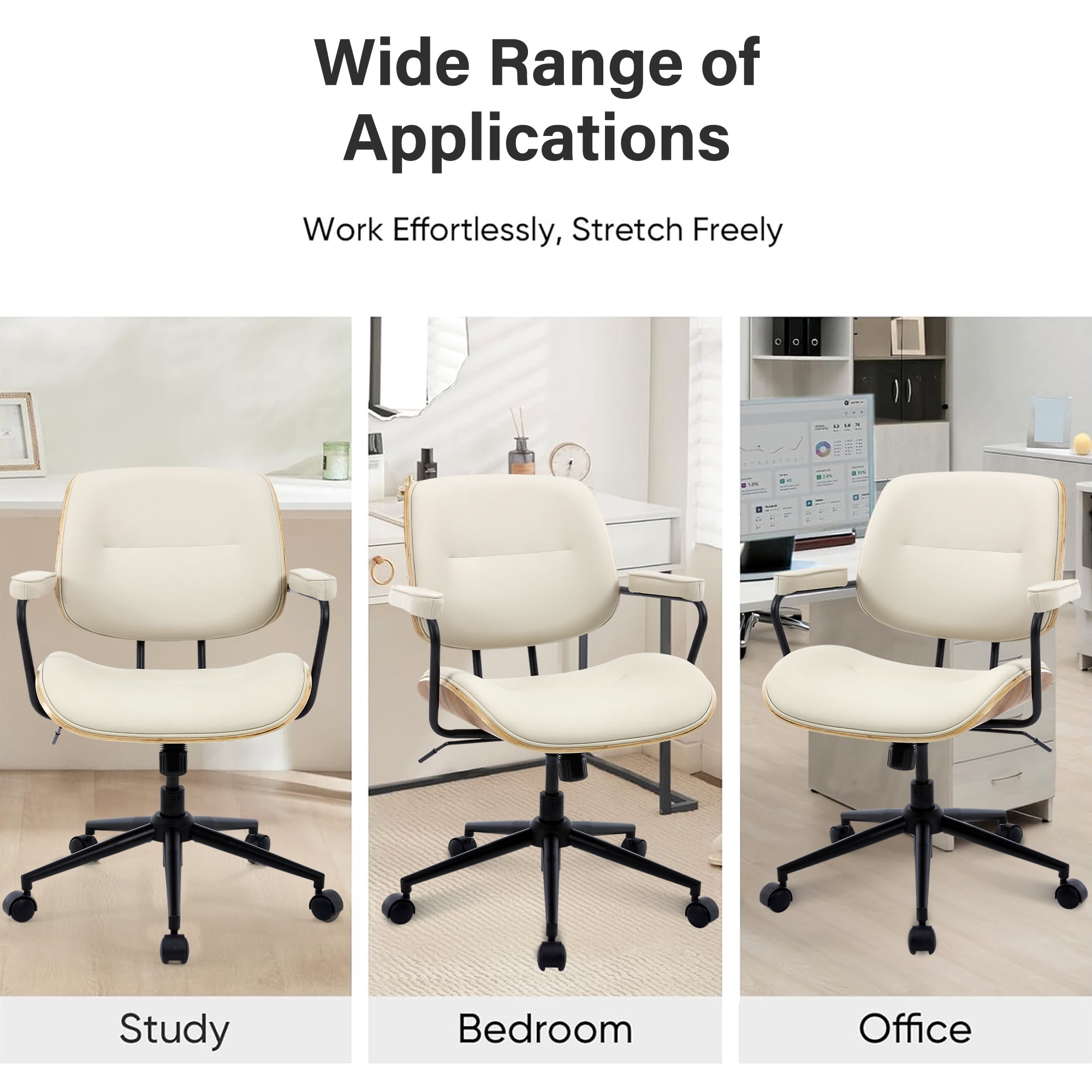 Home Office Chair with Wheel, Mid Century Modern Desk Chairs, Adjustable Height Arm Chair with Walnut Back, PU Leather Task Chair Vanity Chair for Home Office, Reading Room, Beige