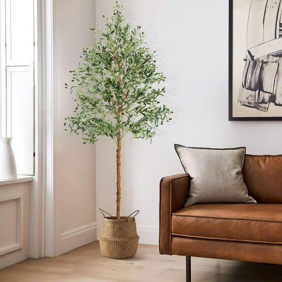 Artificial Olive Tree Indoor 7FT(83'') Faux Olive Tree Home Decor Living Room Fake Tree with Lifelike Fruits and Leaves with Real Hay Water Proof
