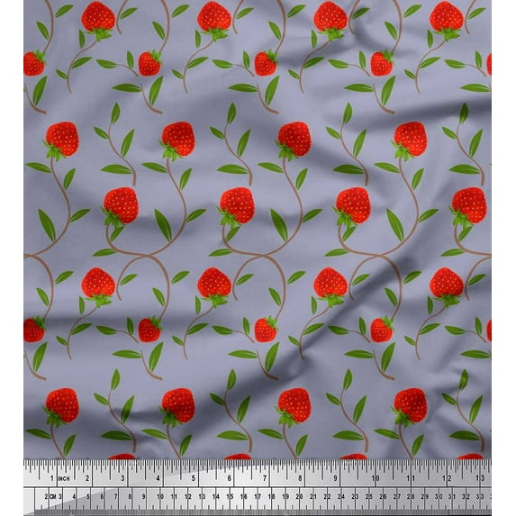 Soimoi Georgette Viscose Fabric Leaves & Strawberry Fruits Print Fabric by Yard 42 Inch Wide