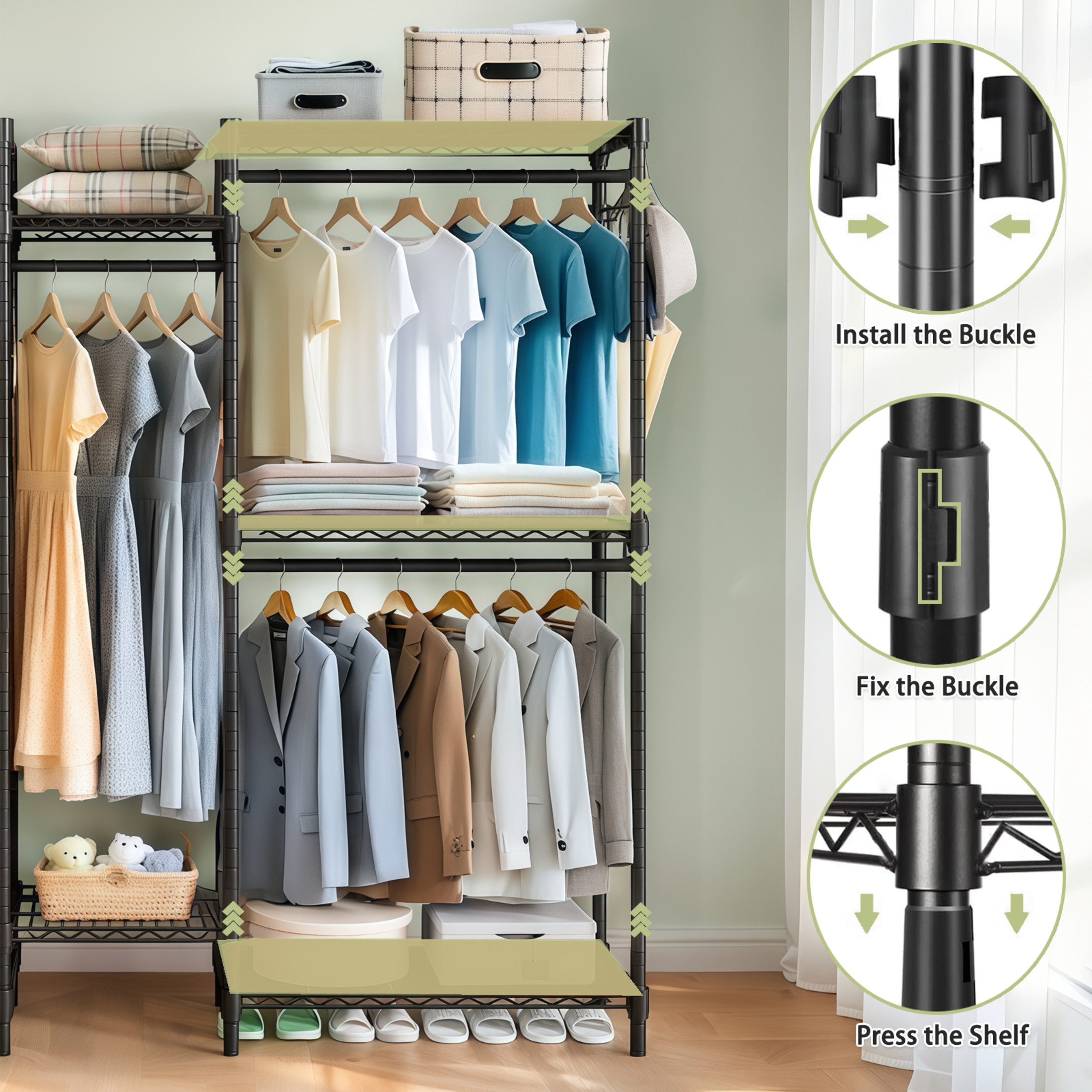 Noble House 74" Heavy-Duty Garment Clothes Rack, Adjustable Wire Shelves and Rail Freestanding Closet Organizer, Black