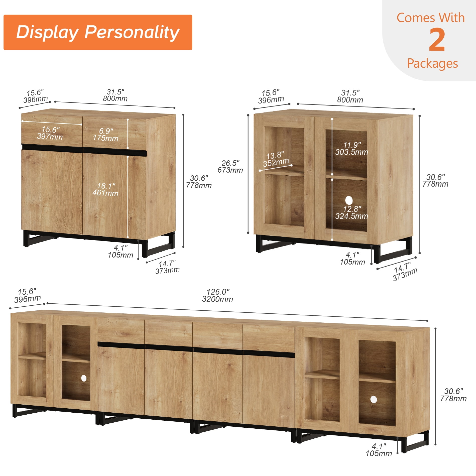 Modern 4-in-1 Storage Chest, Multifunctional Dresser with Glass Doors & Adjustable Shelves, Versatile Closet Organizer Cabinet for Bedroom Living Room,Oak