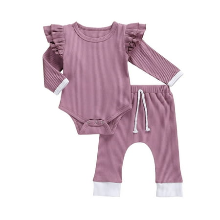 

Carolilly Baby Girl Bodysuit Jogger Pants Suit Cotton Round Neck Ruffle Long Sleeve Top Lace-up Trousers