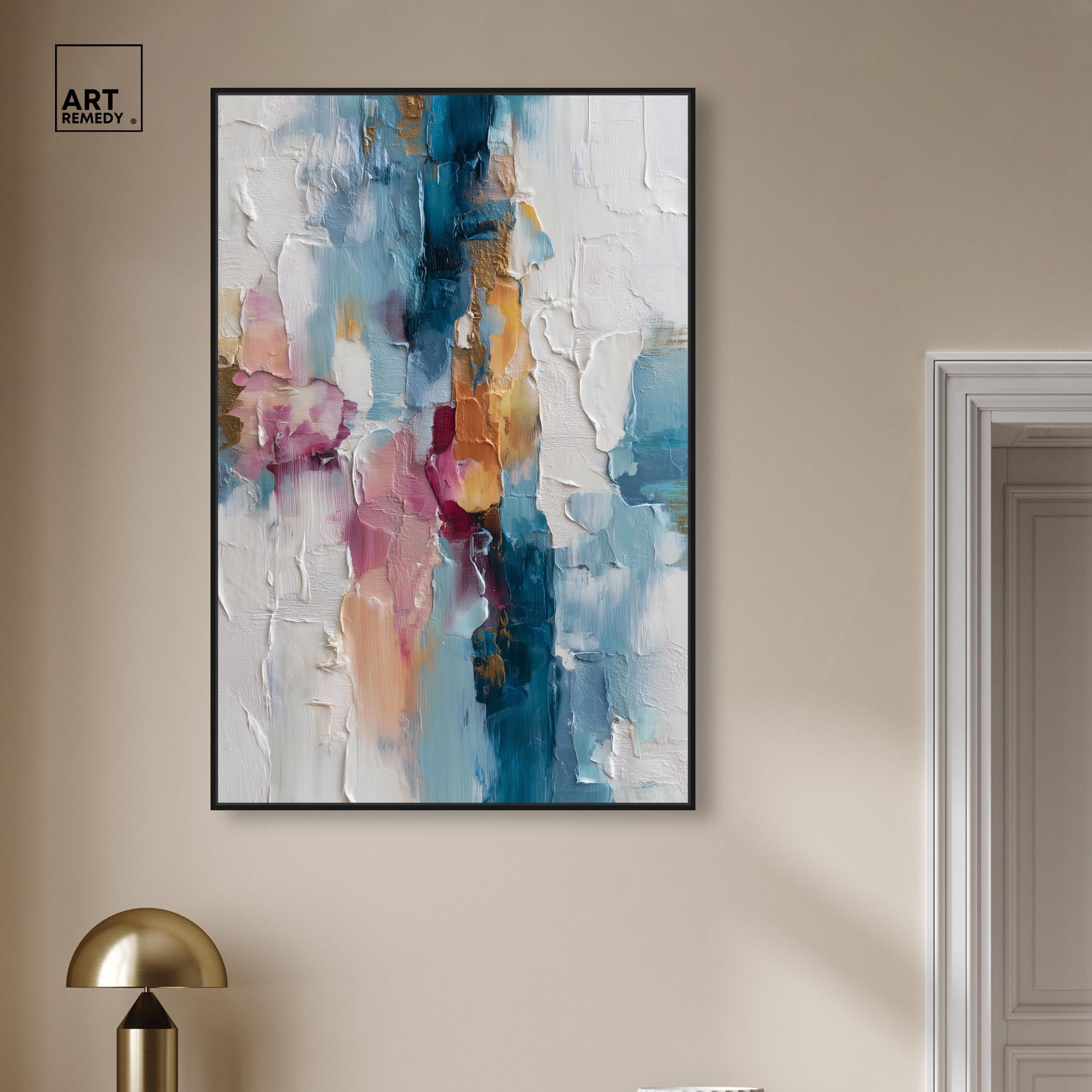 Petal Pink and Ocean Blue II Canvas Modern Wall Decor by Art Remedy, Black Frame, 30 x 45