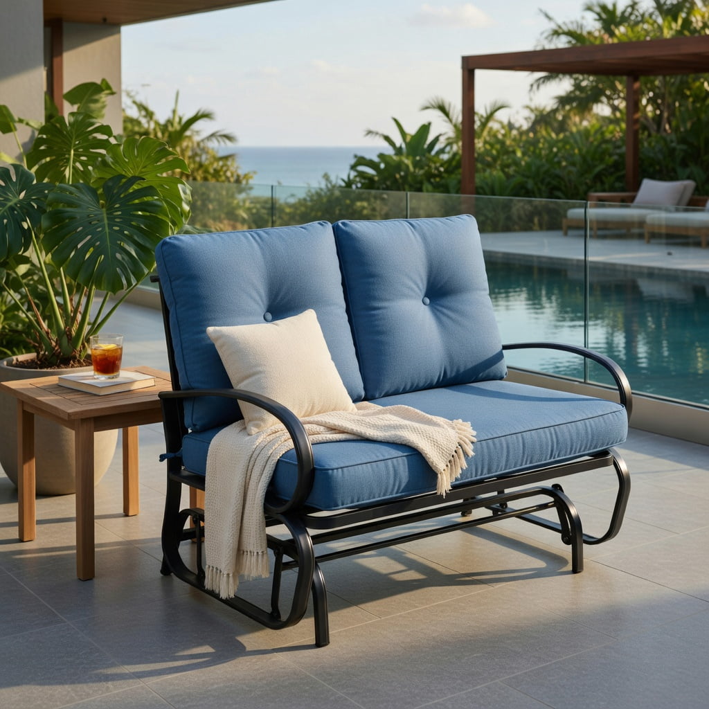 Hommoo Outdoor Rocking Loveseat Bench with Cushions, Steel Frame Patio Bench for Backyard, Deck & Poolside, Cushioned 2-Person Rocker, Navy