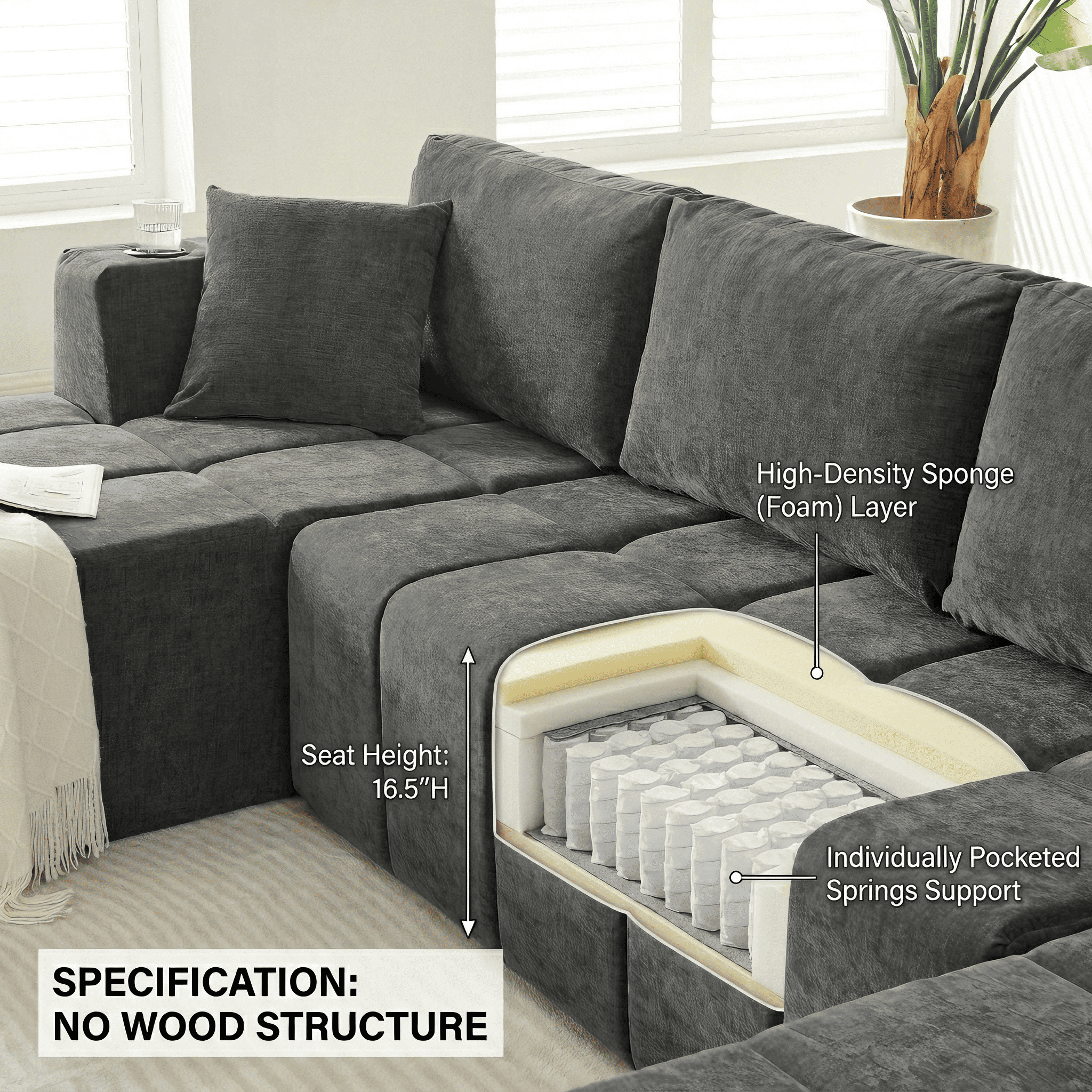 132"W U-Shaped Sectional Sofa with Dual Chaises,Modular Chenille Upholstered Couch with Cup Holders & Side Pockets,No Assembly Boneless Sofa,Dark Grey