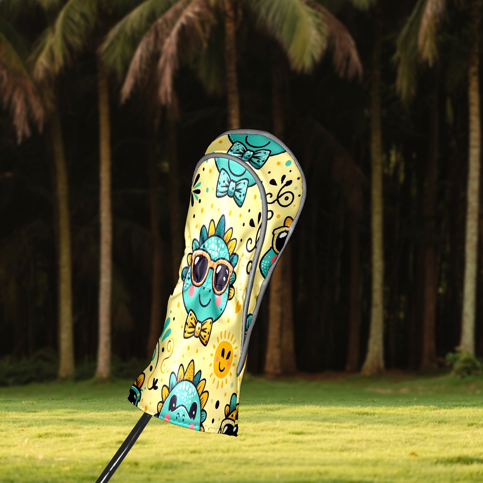 Golf Club Covers, Yellow Sunglass Dinos Premium PU Leather Driver Hybrid Putter Head Covers with Velvet Lining, Waterproof Golf Gifts for Men Women