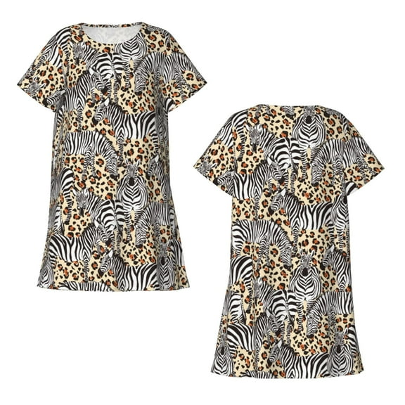 Horeoi Zebra Print Women's Short-sleeved Nightdress Breathable Cotton-like Material Loose A-line Knee-length