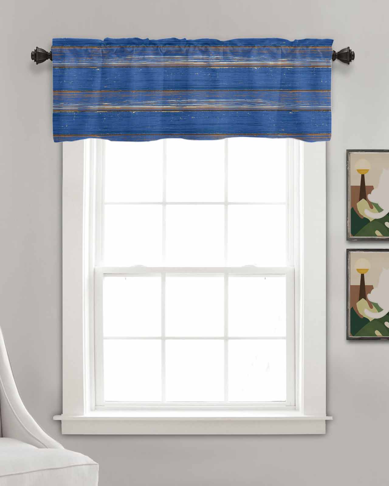 Blue Wooden Grain Kitchen Valances for Windows Farmhouse Linen Window Valance Curtain for Living Room Window Treatment Farmhouse Mottled Planks Country Valance Rod Pocket Topper Drape, 60 x 18 Inch
