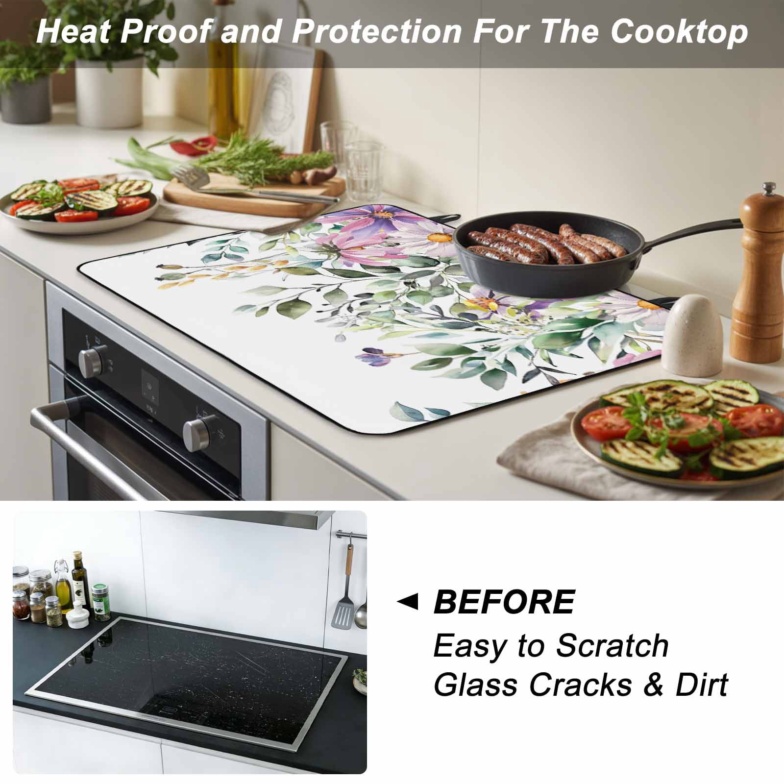 Eucalyptus Flower Stove Top Cover for Electric Stove, Heat-proof & Non Slip Glass Top Stove Cover Protector, Sage Green Botanical Boho Leaf Pink Kitchen Flat Cooktop Rubber Mat 24x21 Inches