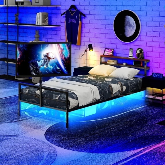 LFGUIZO Twin Size Gaming Black Metal Bed Frame TV Mount & Charge Station in Wood Headboard, LED Lights,with Vented Storage Shelf No Box Spring Needed