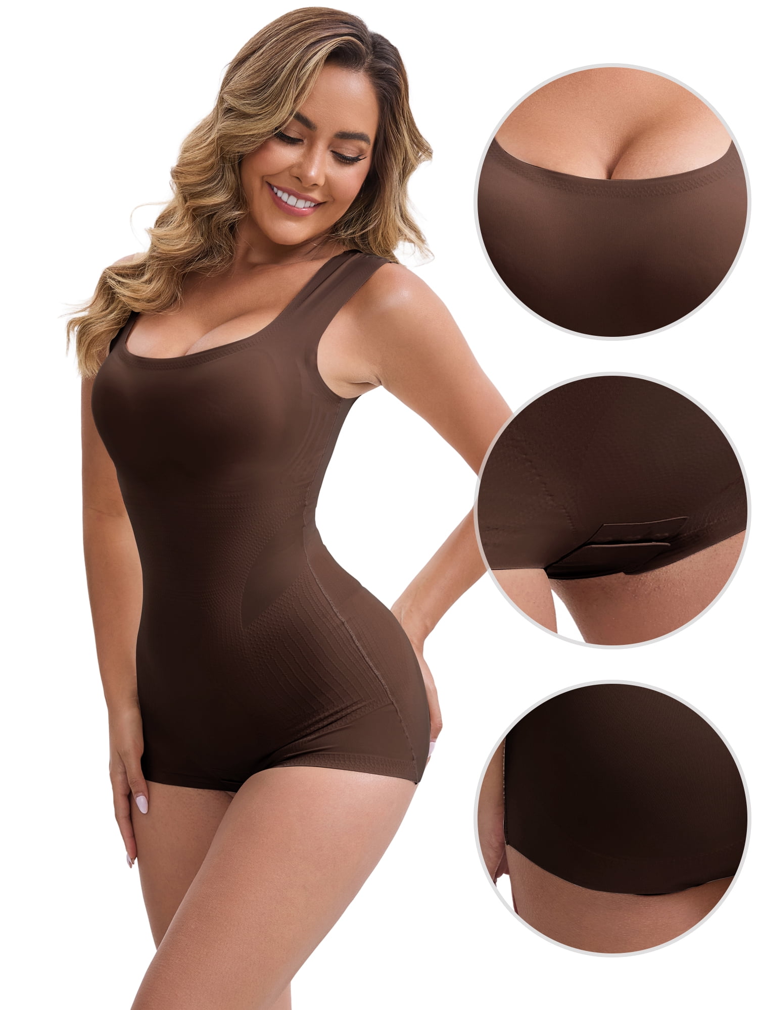 DARING DIVA Women's Shapewear Slimming Waist Tummy Control Body Suits Crotch S Dark Brown