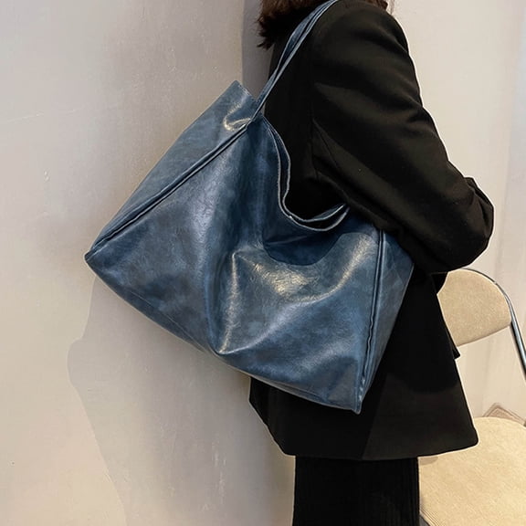 Womens Blue Vegan Faux Leather Tote Bag, Lightweight Faux Faux Leather Shoulder Bag for Work & Everyday, Versatile Casual Purse Carryall,Size Free Size