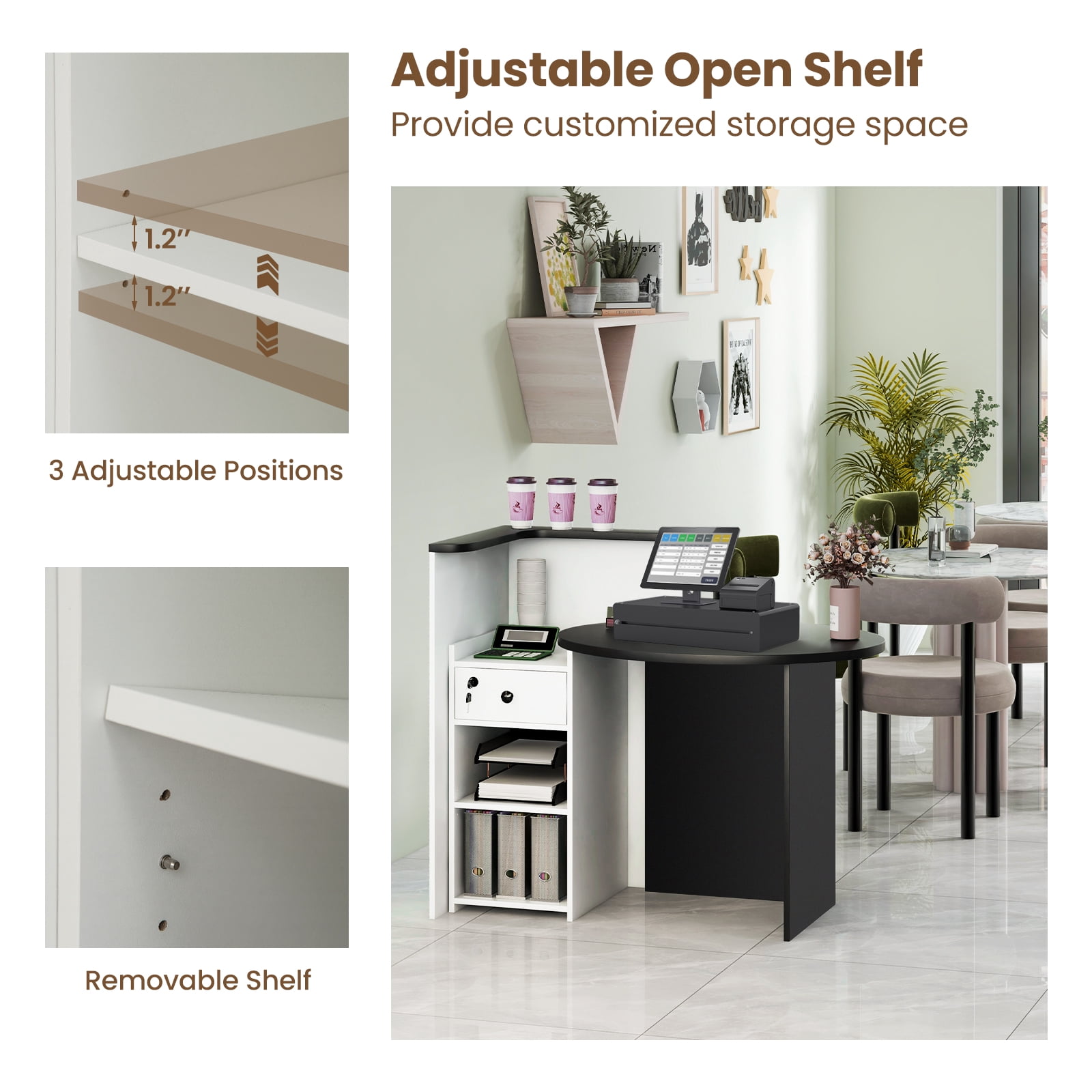 Giantex Reception Desk, Computer Workstation w/Lockable Drawer & Open Shelves, Checkout Counter, Black & White