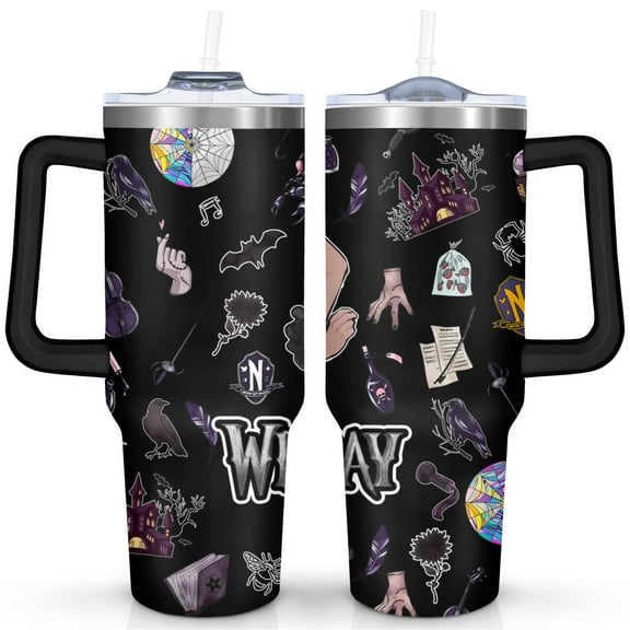 40oz Wednesday Girl Stainless Steel Tumbler with Lid and Straw,Wednesday Stuff Merchandise Spill Proof Travel Cup Double Wall Vacuum Insulated Coffee Mug with Handle Black
