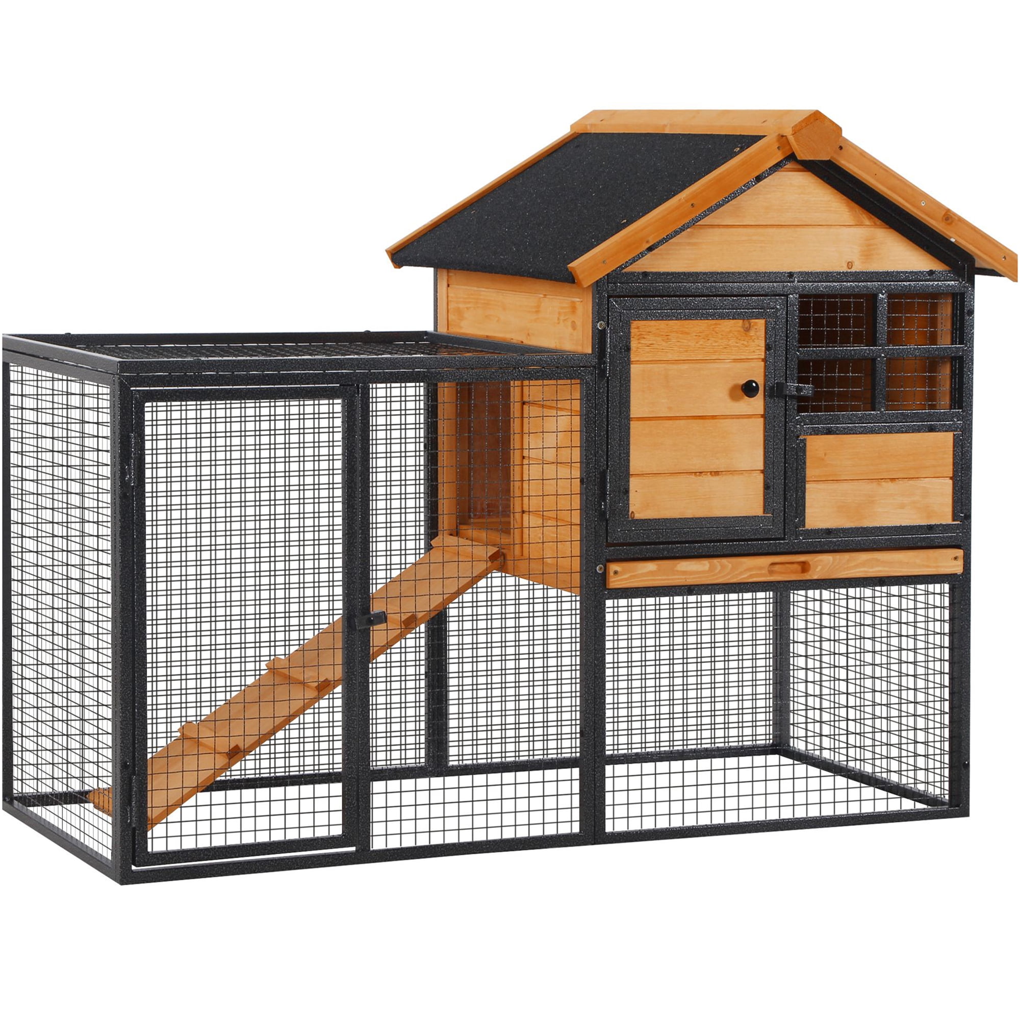JERFIT Outdoor Rabbit Hutch with Ramp, 2-Level Wooden Bunny House with Waterproof Asphalt Roof, Removable Tray for Rabbits, Guinea Pigs, Chinchillas