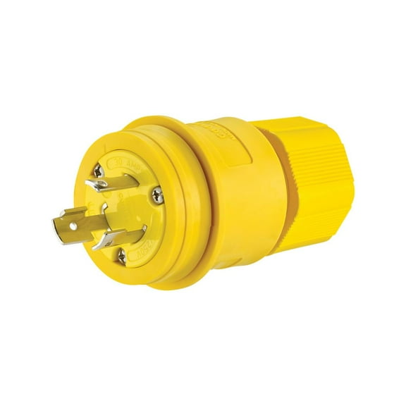 Eaton Arrow Hart 30 Amp Watertight Locking Plug, #18-10 AWG, 125/250V, Yellow, 3-pole, 3-wire, IP67, L1030PW