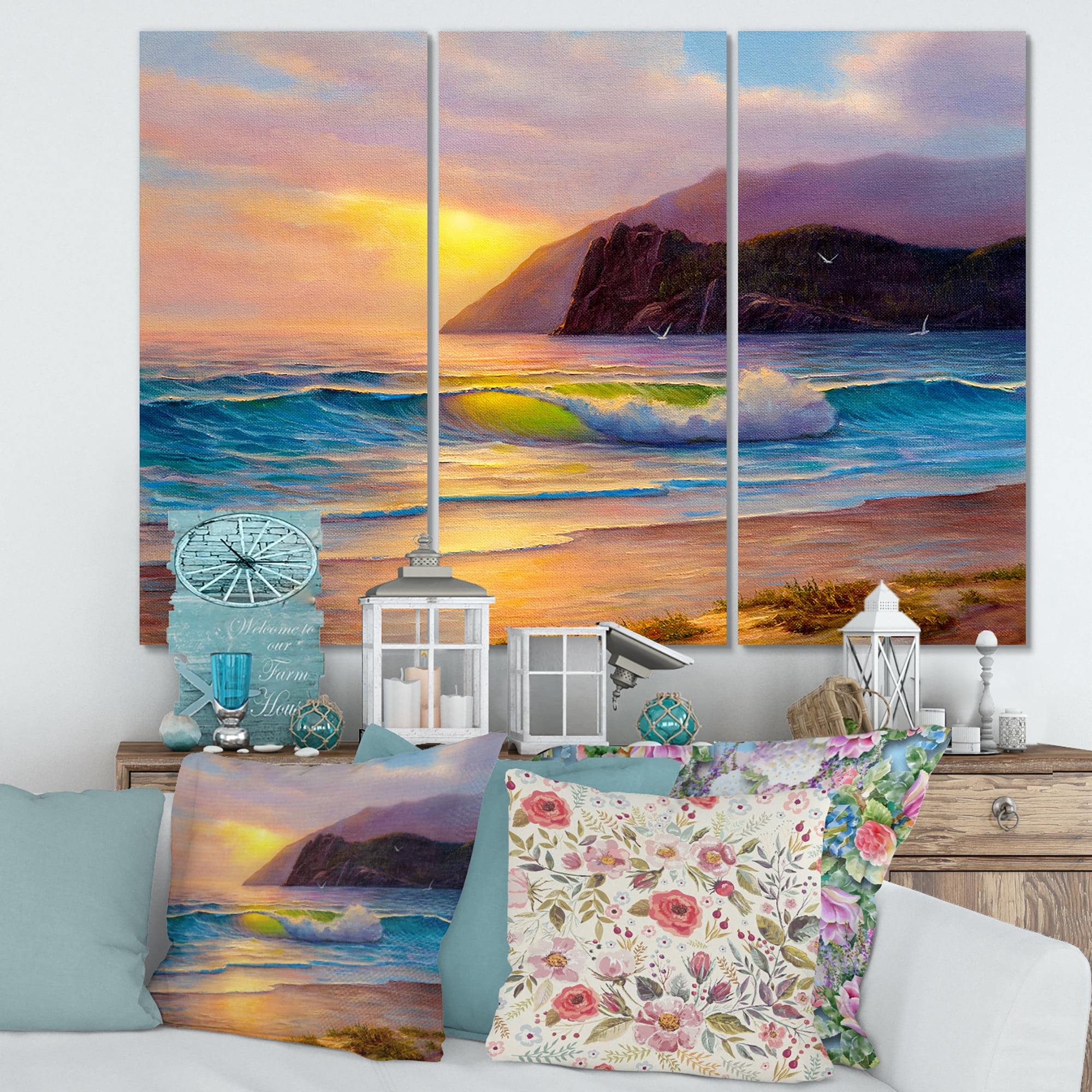 Designart ' Sunrise Glow On The Sea Waves V ' Nautical & Coastal Canvas Wall Art Print