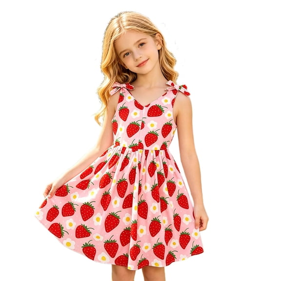 Wxolcjlv Girls Summer Dresses Strawberry Sleeveless V-Neck Casual Dress with Bow, Sizes 3-10