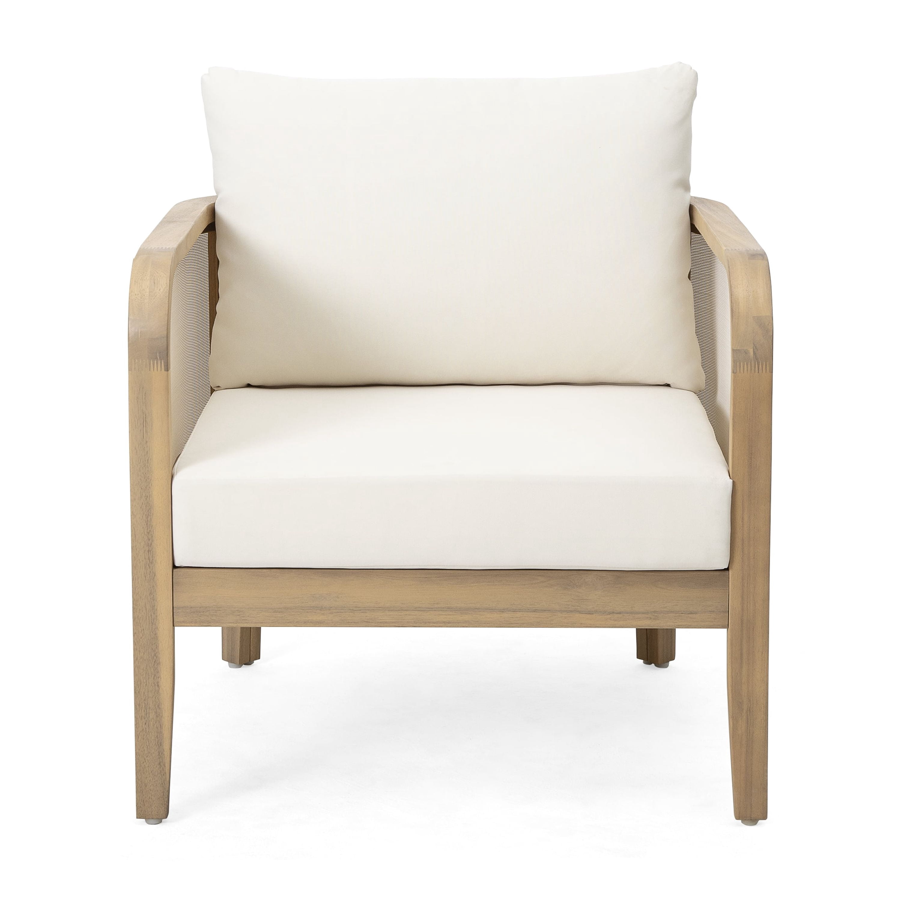 Outdoor Patio Club Chair with Acacia Wood and Textilene Mesh, Deep Seating Armchair and Garden Chair with Waterproof Cushion for Porch Backyard, 400 lb Cap, Teak and Beige