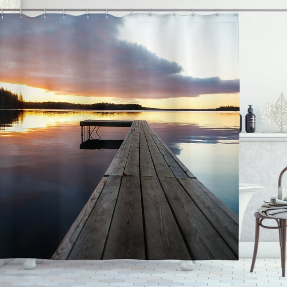Ambesonne Wooden Shower Curtain, Rustic Pier Sunset Lake, 69"Wx84"L, Multicolor