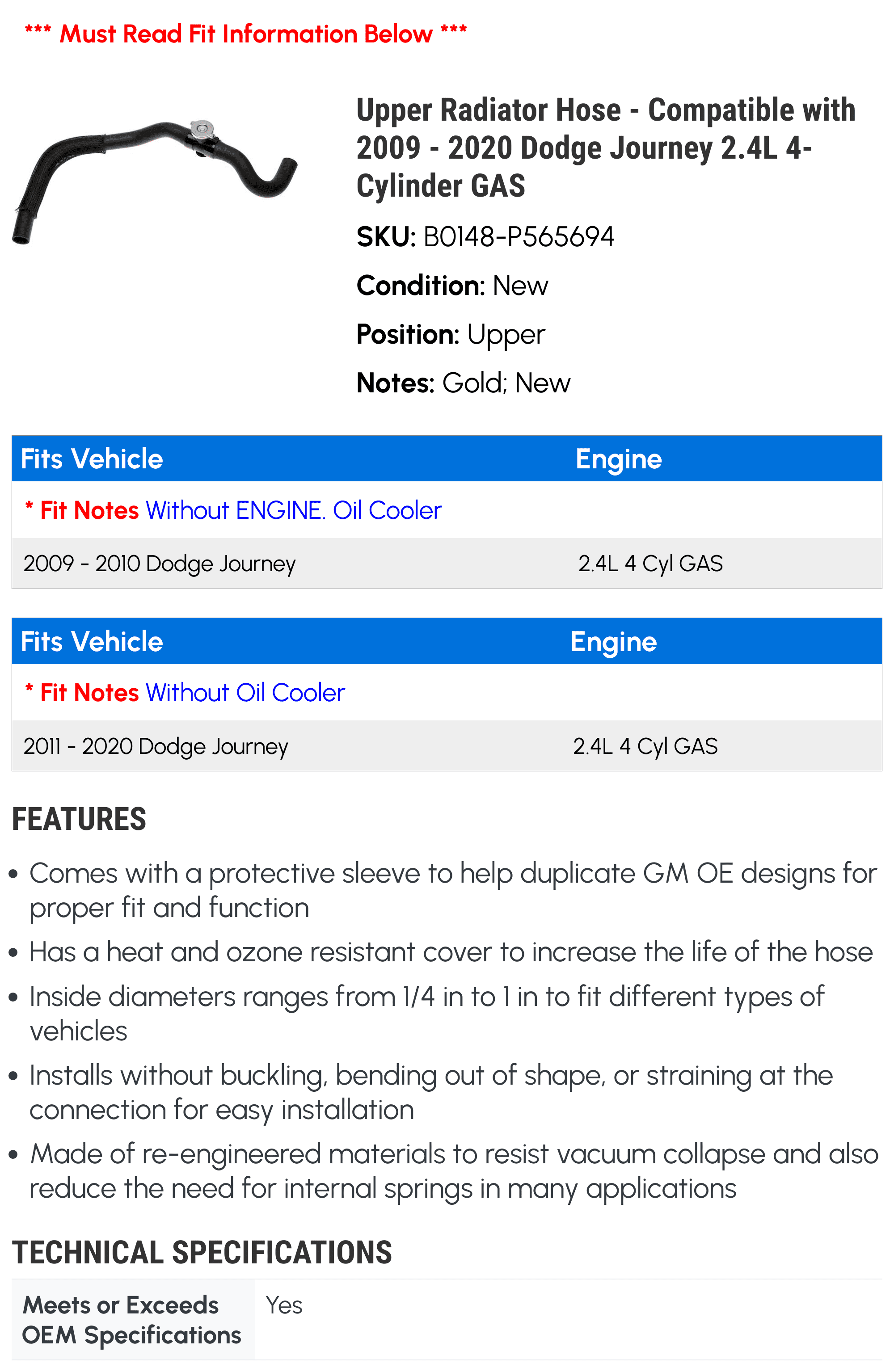 Upper Radiator Hose - Compatible with 2009 - 2020 Dodge Journey 2.4L 4-Cylinder GAS - AC Delco