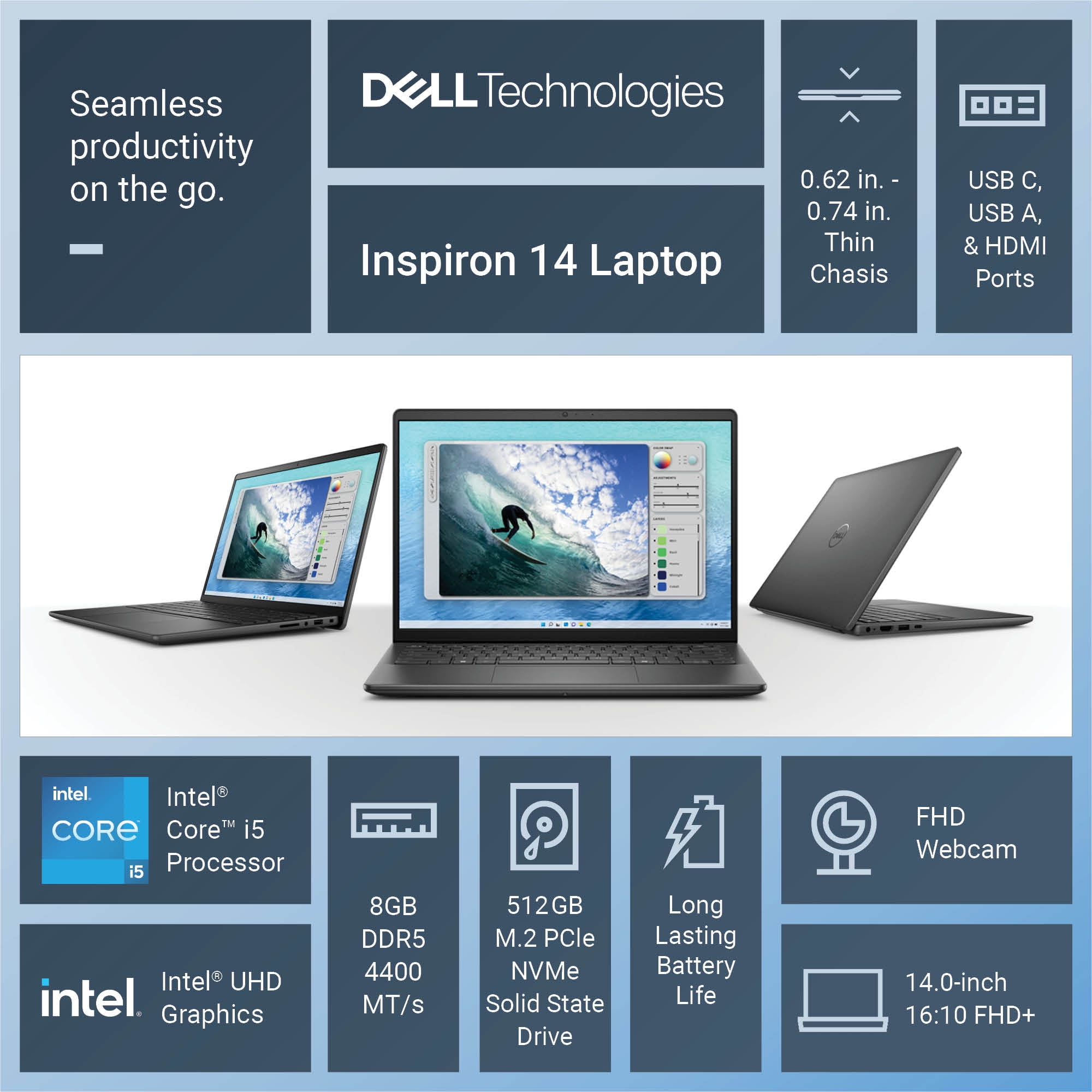 Dell Inspiron 14 Laptop 5440 14-inch FHD+ Intel Core i5-1334U 8GB RAM 512GB NVMe SSD Carbon Black