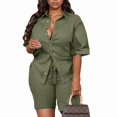 thumbnail image 3 of Women'S 2 Piece Outfit with Button Down Blouse and High Waisted Shorts Set Green XL, 3 of 4