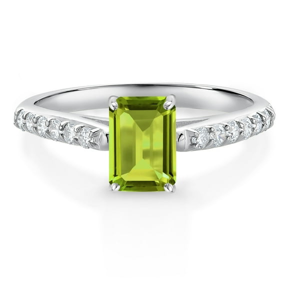 Gem Stone King 1.18 Ct Emerald Cut Green Peridot G/H Lab Grown Diamond 10K White Gold Engagement Ring (Size 5)