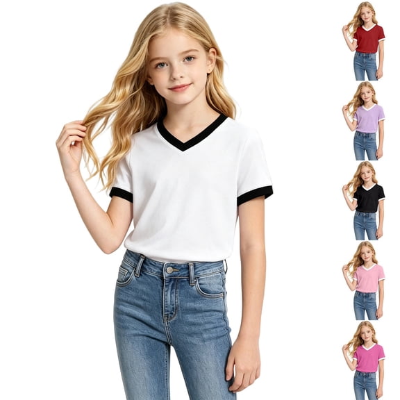 Y-Sunset Girls' V-Neck T-Shirt, Short Sleeve Casual Tee, Soft Breathable Summer Top for Kids & 7-16 Years(White/9-10 Years)