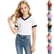 Y-Sunset Girls' V-Neck T-Shirt, Short Sleeve Casual Tee, Soft Breathable Summer Top for Kids & 7-16 Years(White/9-10 Years)