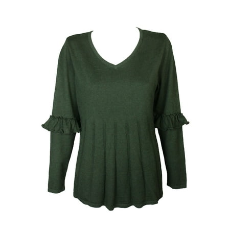 Style & Co Petite Dark Ivy Pleated Ruffle-Sleeve V-Neck Sweater PP