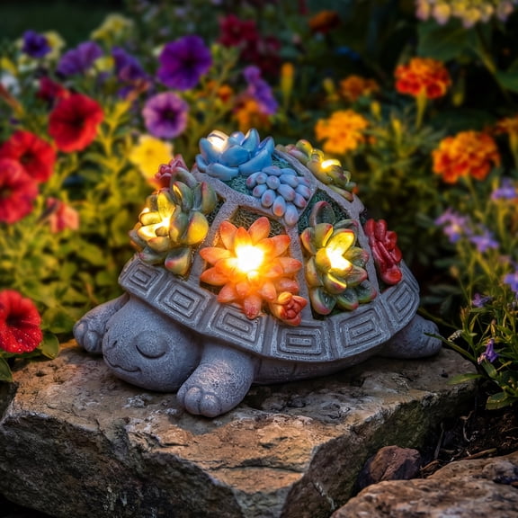 Solar Turtle Garden Statue with Succulent for Outdoor Decor