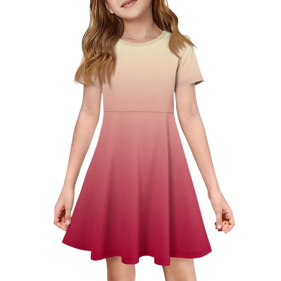 XADYUY Girls Summer Dress Size 14-16 Casual A-Line Short Sleeve Midi Dress Gradient Crew Neck Sundresses Flare Swing Dresses with Pockets,3-4Years,Watermelon Red