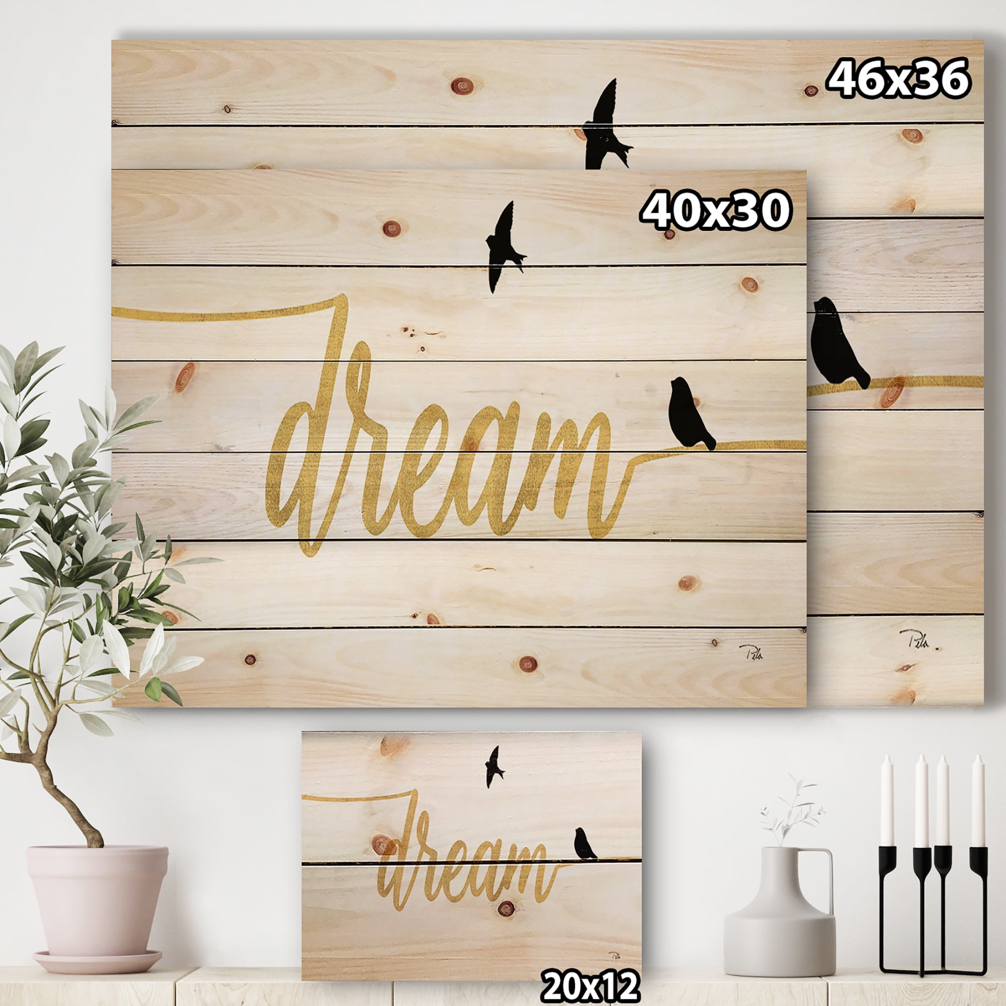 Designart 'Family of Birds on Gold Dream Word' Cottage Print on Natural Pine Wood