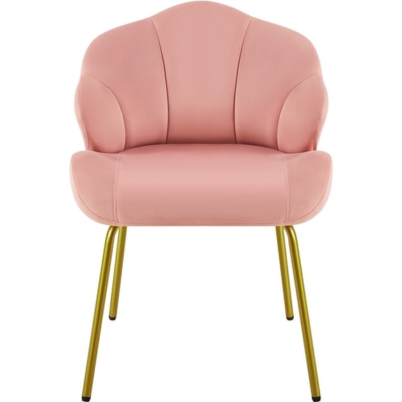 WoofPaw Vanity Chair, Shell-Shaped Accent Chair, Velvet Makeup Chair with Back, No Wheels, Desk Chair with Gold Metal Legs for Bedroom/Dressing Room/Living Room/Reading,Pink
