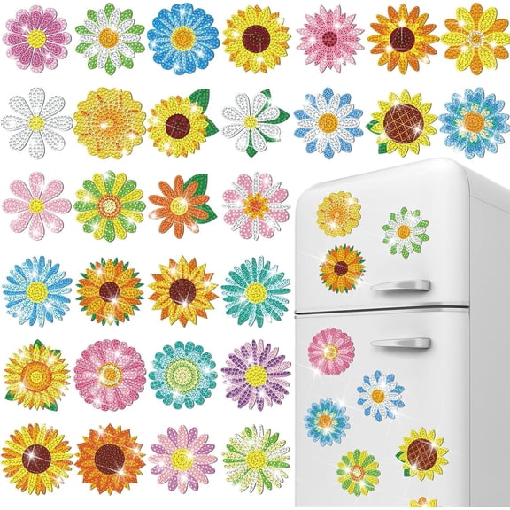 30 Pcs Diamond Art Magnets Refrigerator Easy Art Kits Fridge Diamond Painting Magnets Stickers for Adults DIY Home Decors Flower Butterfly(Daisy)