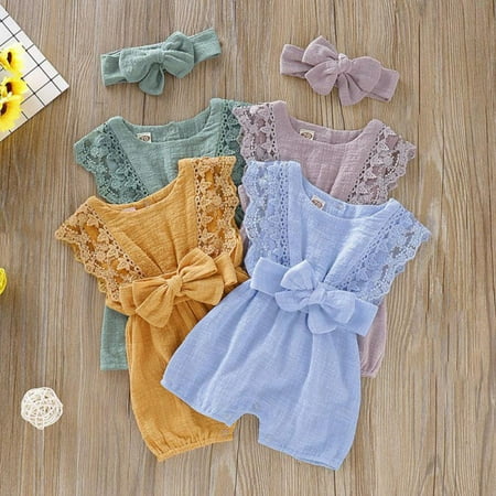 

CLEARANCE!Factory Price Promotion Summer Newborn Toddler Girls Rompers Set Flare Sleeve Solid Print Lace Design Bodysuit Jumpsuit With Headband
