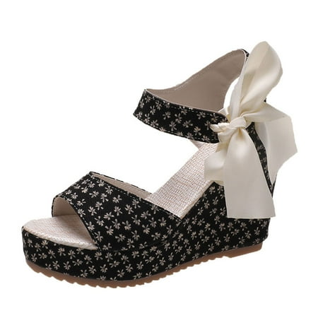 

ZIZOCWA Leopard Print Flower Women Sandals Wedge Heel Thick Bottom High Heel Fish Mouth Open Toe Sandals Ankle Lace Up Platform Shoes Black Size6.5