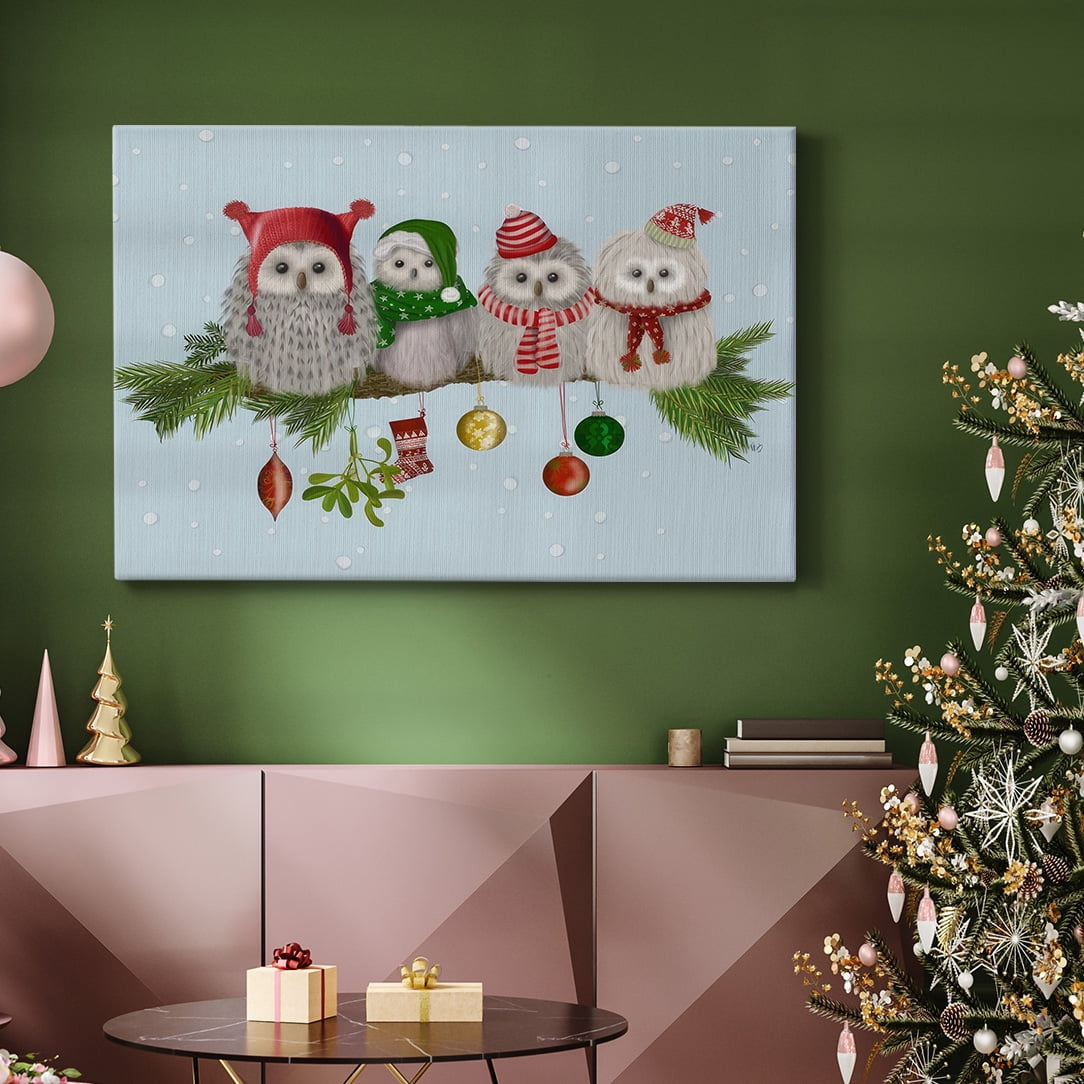 Christmas Fluffy Christmas Owls on Branch- Gallery Wrapped Canvas