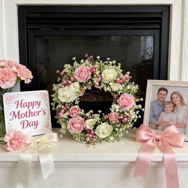 CaiYueKe Artificial Spring Wreath for Front Door, Home Garden Wall Decor, Indoor Outdoor Hanging Floral Greenery Arrangement, Plastic Green Leaves and Flowers, Mothers Day Party Wedding Decoration