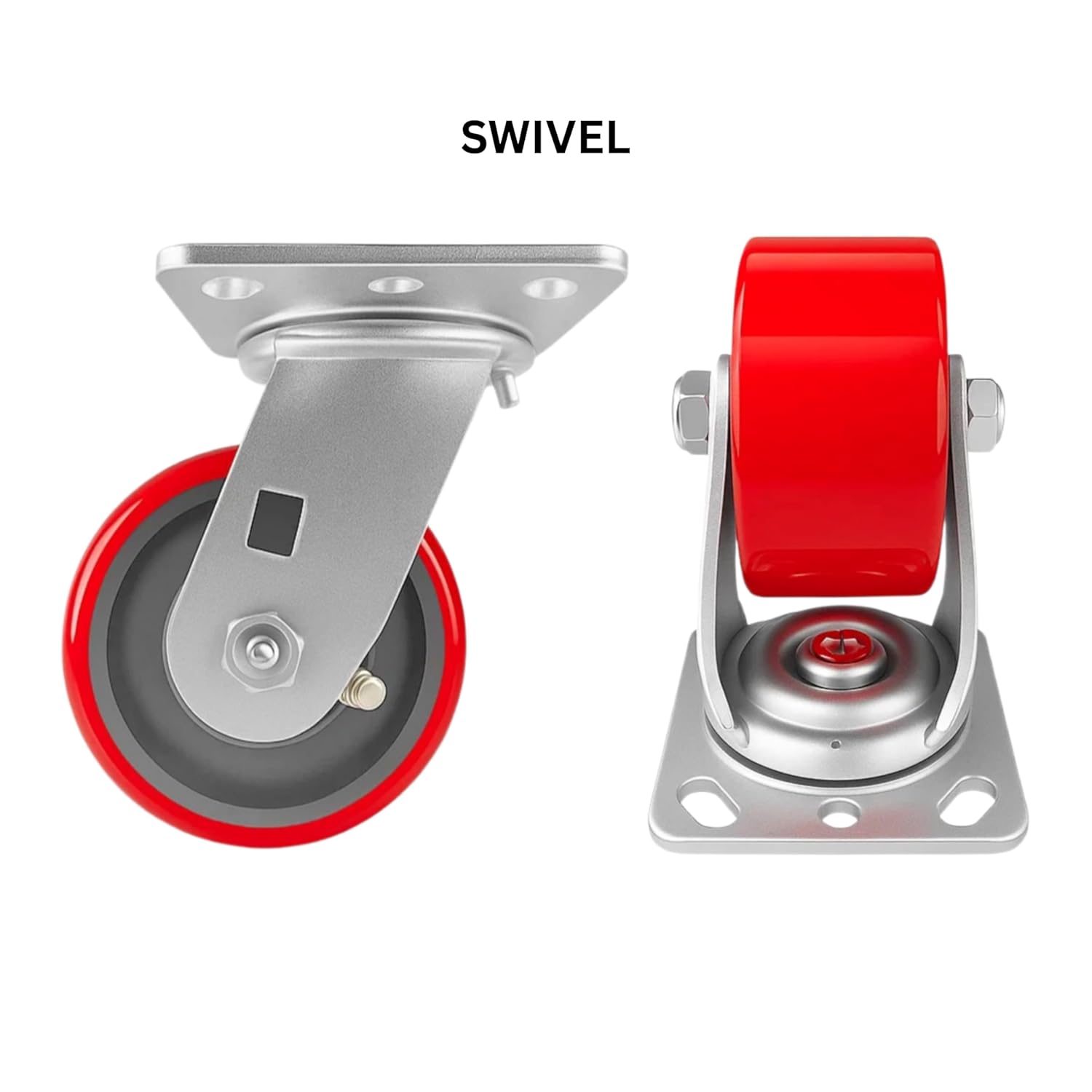 4 Heavy Duty Caster Set 4" Red Polyurethane on Cast Iron Wheels - 4 Swivel