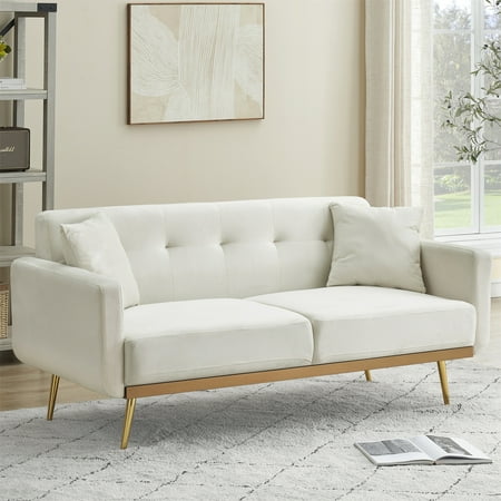 Aukfa 70" Velvet Loveseat Upholstered Deep Seat Arm Couch for Home Office, 2 Pillows, Beige