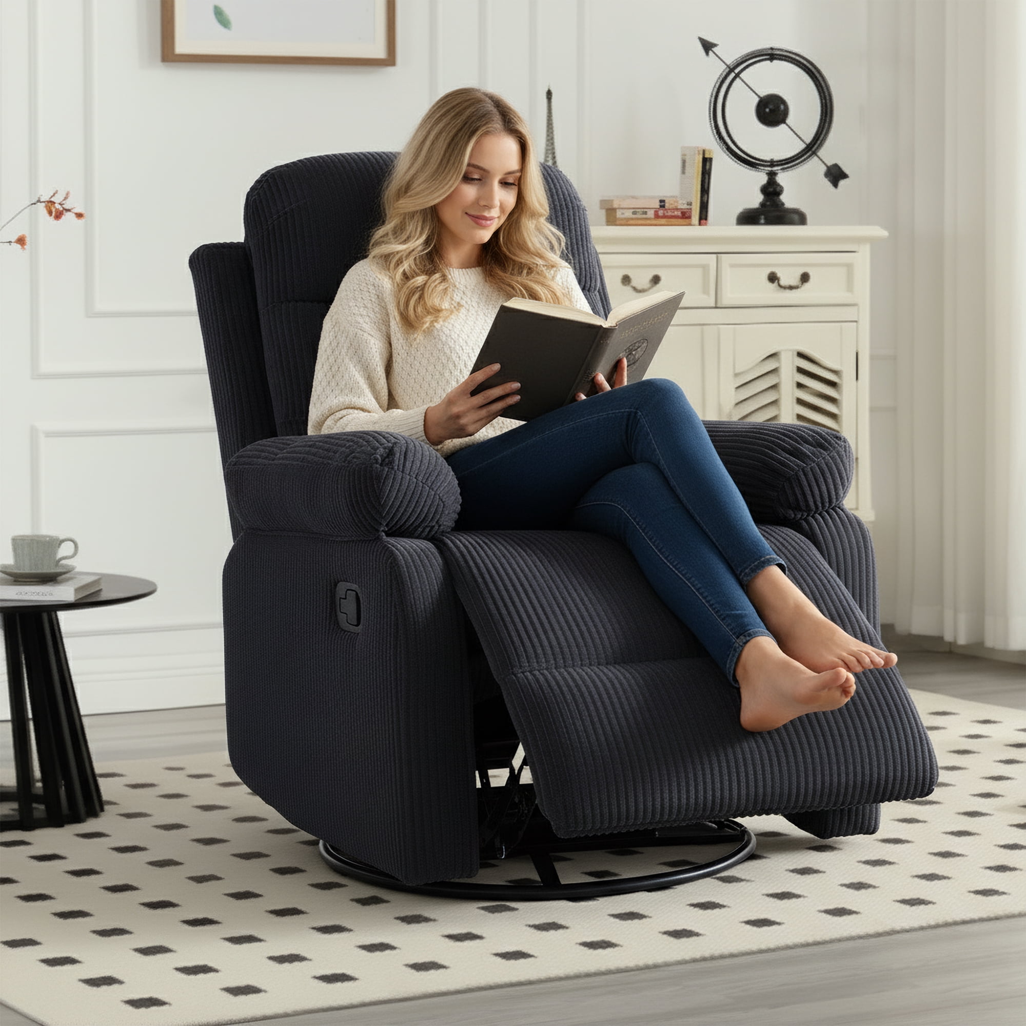 GAOHAPY Rocking Recliner Chair,Modern Swivel Glider Recliner Chair,Corduroy Fabric Upholstery Recliner,Manual Reclining Sofa Chair for Living Room,Office,Apartment,Dark Grey