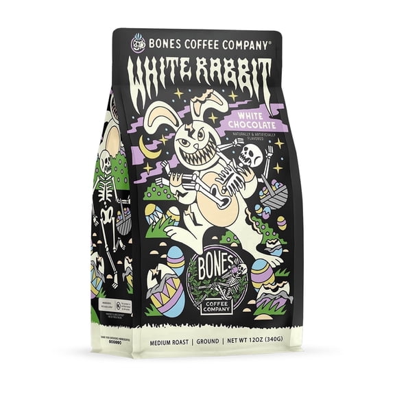 Bones Coffee Company White Rabbit Ground Coffee Beans White Chocolate Flavor | 12 oz Flavored Coffee Medium Roast Gourmet Limited Release (Ground)