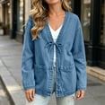 thumbnail image 6 of Cmtiyu Denim Jacket for Women, Long Sleeve Drawstring V Neck Open Front Washed Denim Jackets, Casual Loose Fit Outerwear Jacket with Pockets, S-3XL, 6 of 8