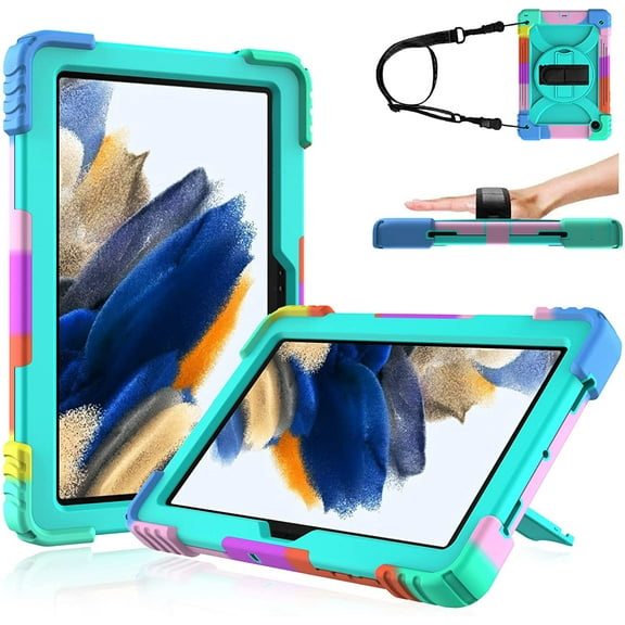 LTROP Case for Samsung Galaxy Tab A8 10.5 Inch 2022 (SM-X200/X205/X207), Galaxy Tab A8 Case, Protective [Hand Shoulder Strap] [Swivel Stand] Kids Case for Samsung Galaxy Tab A8 10.5” 2022, Aqua Teal