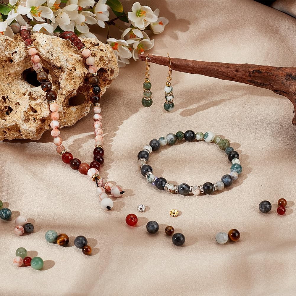 PH 520pcs Stone Beads Kit for Jewelry Making 14 Styles 6/8mm Natural Gemstone Beads Marble Loose Beads Round Smooth Beads with Iron Rhinestone Spacer Beads for Bracelet Necklace Earring colorful