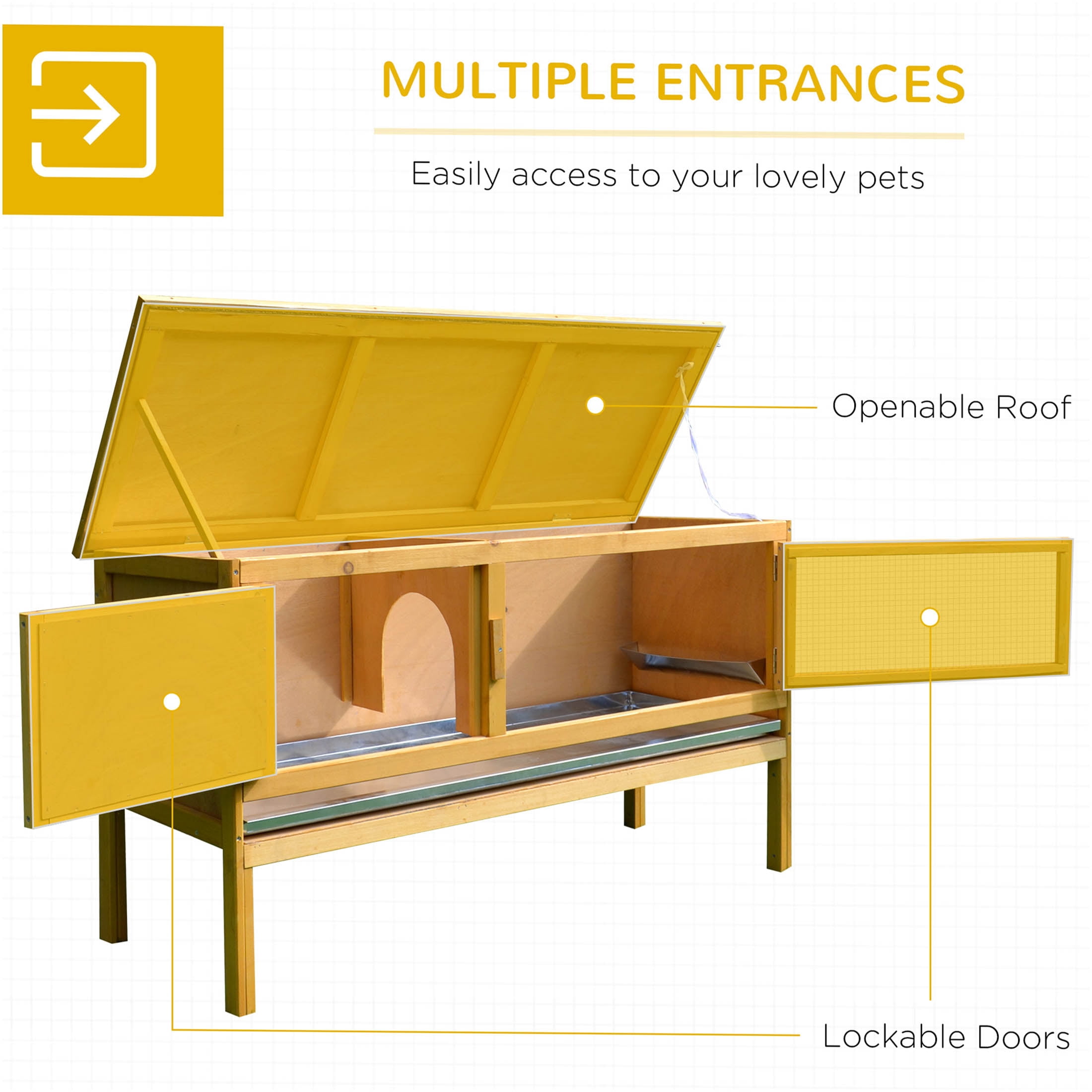 JERFIT Elevated Outdoor Rabbit Hutch with Waterproof Roof, Pull-Out Tray & Ventilated Design, Wooden Bunny Cage for Indoor/Outdoor Use, Yellow
